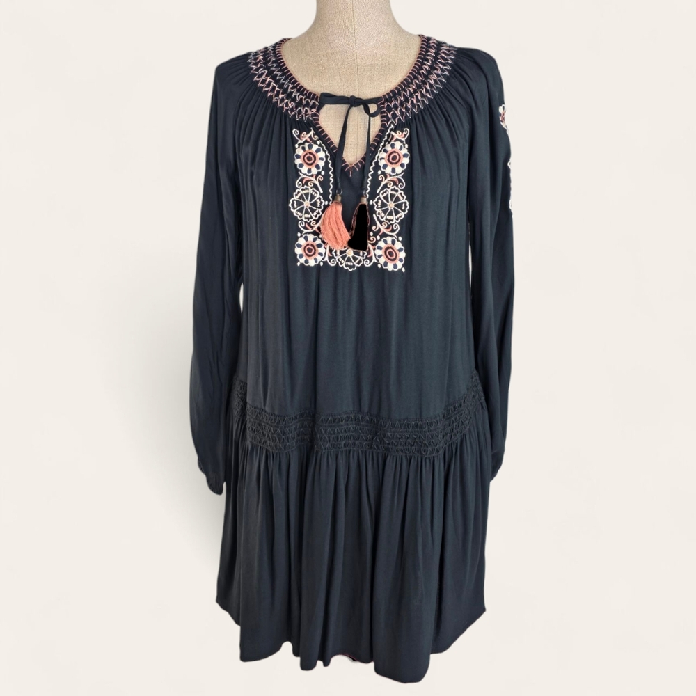 Sanctuary Embroidered Boho Tunic Dress Black Tassel Long Sleeve NWT Size XS